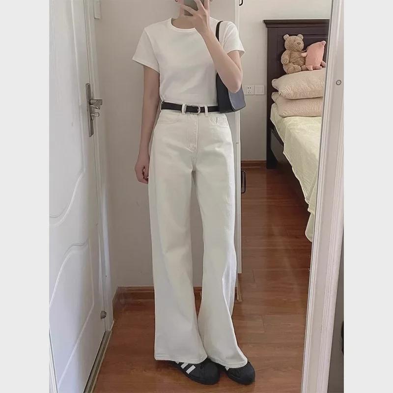 Women's White Velvet High-Waist Wide-Leg Jeans - Winter Slim Loose Fit, Plus Size