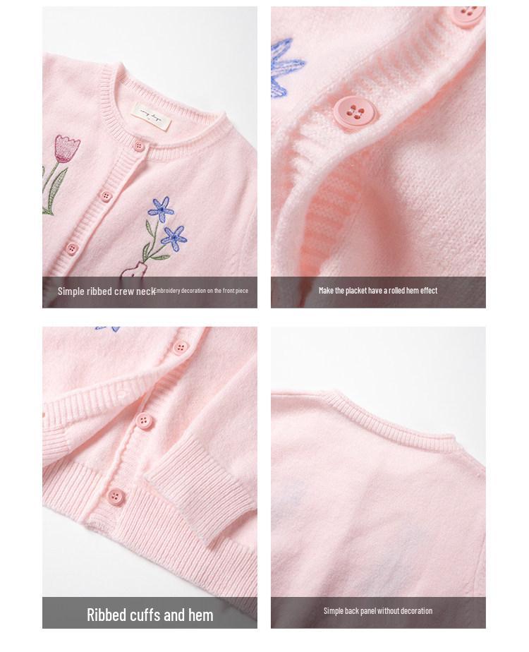 Women's Spring Pink Knit Cardigan with Floral Embroidery and Turn-down Collar