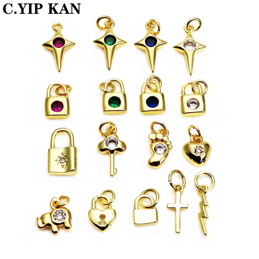 

Heart lock key Small Pendant Cute little feet elephants charms micro zircon copper gold plated pendant DIY bracelet necklace acc