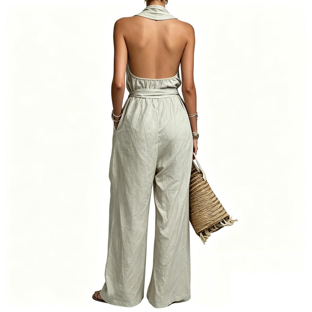 Women Sleeveless Cotton Linen Jumpsuit Casual Loose Fit Drawstring Waist Wide Leg One Piece Romper for Everyday Wear