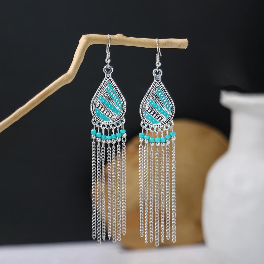 Bohemian Ethnic Oval Tassel Earrings with Beads