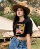 Women's Crew Neck Short Sleeve Graphic Tee Loose Fit Cartoon Print Chain Decor Cropped T Shirt Y2K Streetwear Summer Top