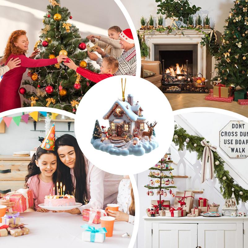 Village House Ornaments Acrylic Ornament With Christmas Tree Design Charming Snow House Pendant For Family Holiday Decoration