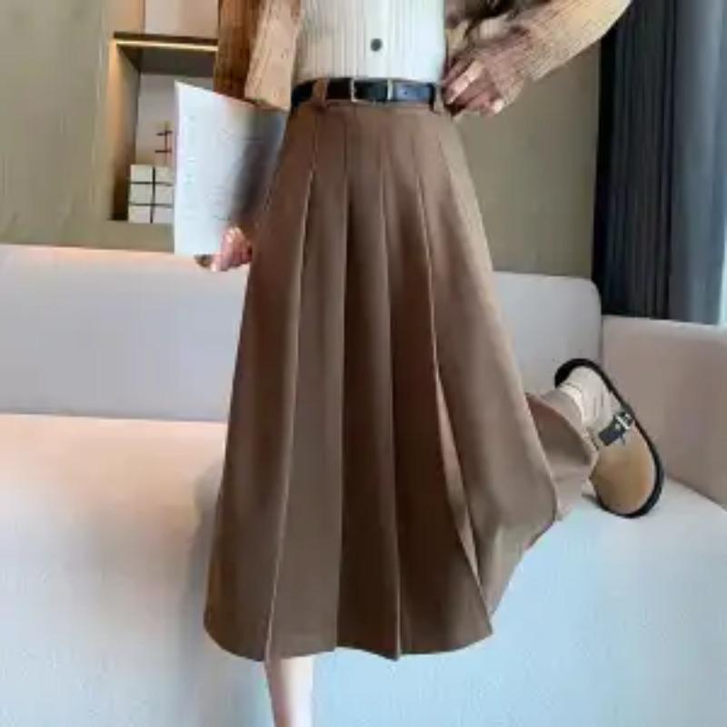 

Autumn Winter High Waist Vintage Pleated All-match Skirt Female Solid Color Elegant Fashion A-line Folds Skirts Women s Clothing 2X; кавовий