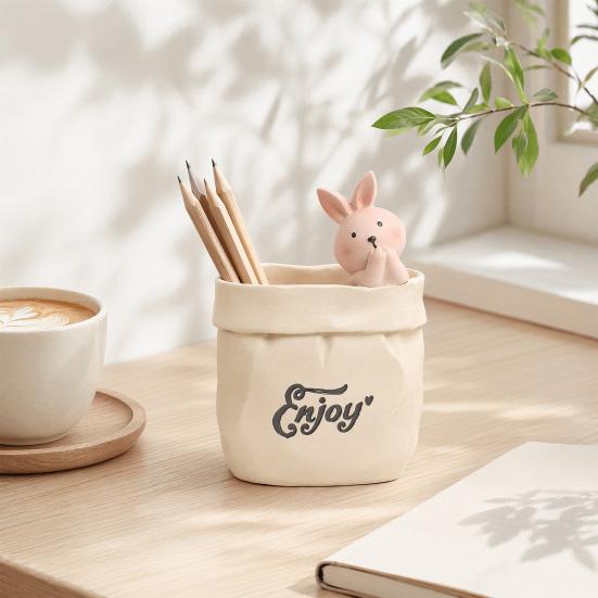 Xiaobudian Wrinkled Paper Bag Pen Holder with Animal Decor, Resin Desk Organizer & Succulents Planter, Cute Stationery Gift for Students Office