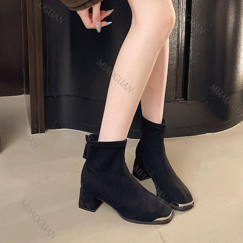 Fashion French Retro Elastic Ankle Boots Suede Thick Heeled Temperament Women's Shoes Suede Back Zipper Square Toe Short Botas Female