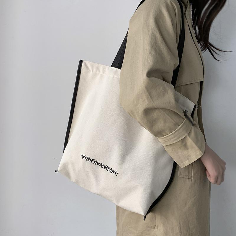 New Canvas Bag Women Shoulder Simple Letter Literary Tote Shopping Book Bag
