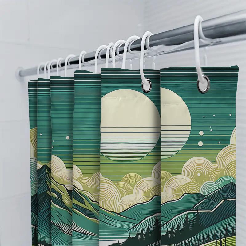 Vintage Landscape Shower Curtain Retro Mountain Moon Forest Design Artistic Bathroom Decor For Nature Lovers Rustproof Hooks