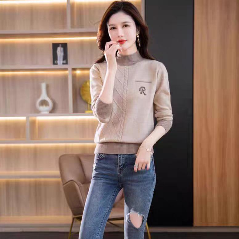 Half Turtleneck Sweater Thick Long-sleeved Knitted Sweater for Women In Autumn and Winter Loose Color-blocked Pullover
