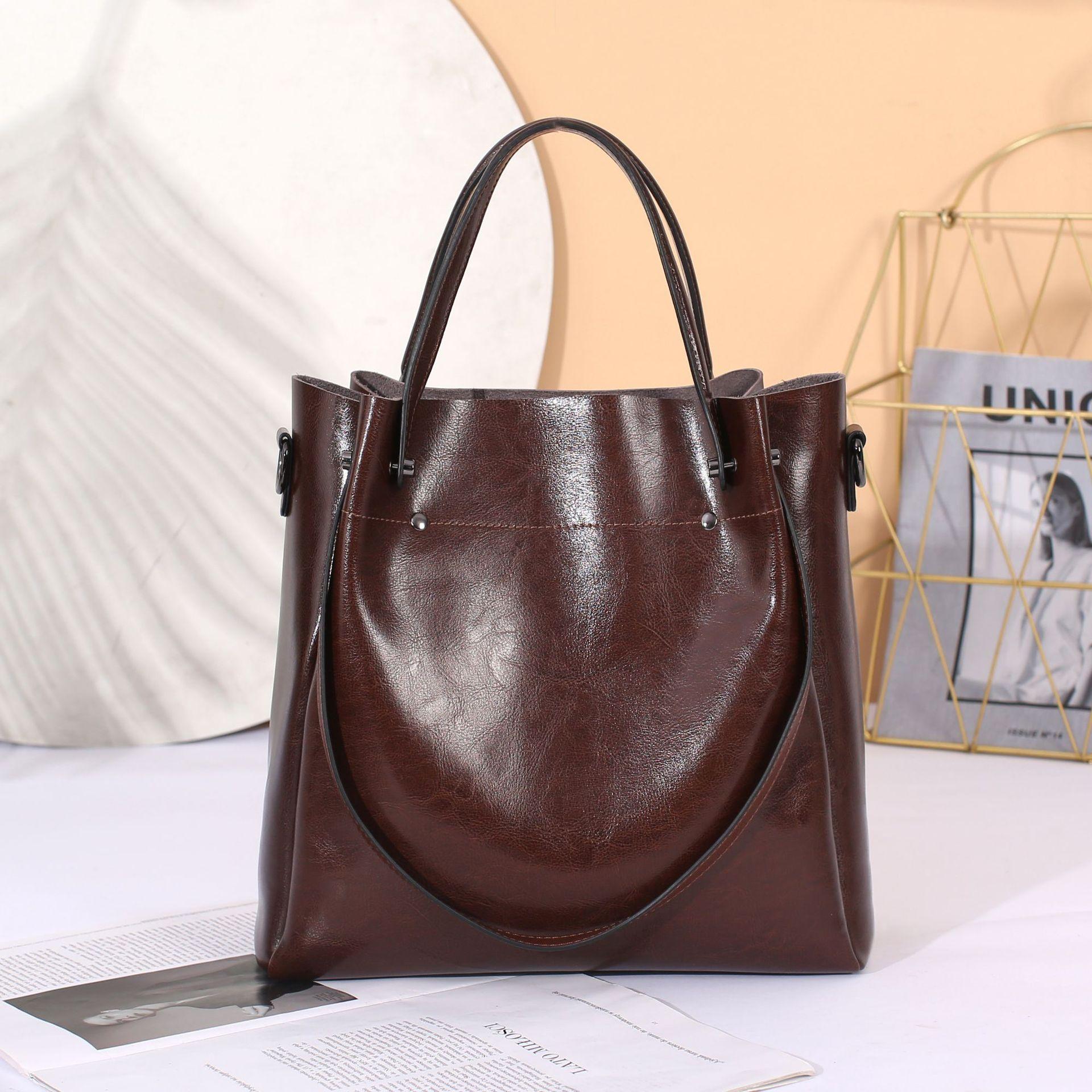 

Genuine Leather Women s Bag 2025 New Handbag Shoulder Bag Oil Wax Cowhide Korean Style Casual Tote Bag Large Capacity коричневий