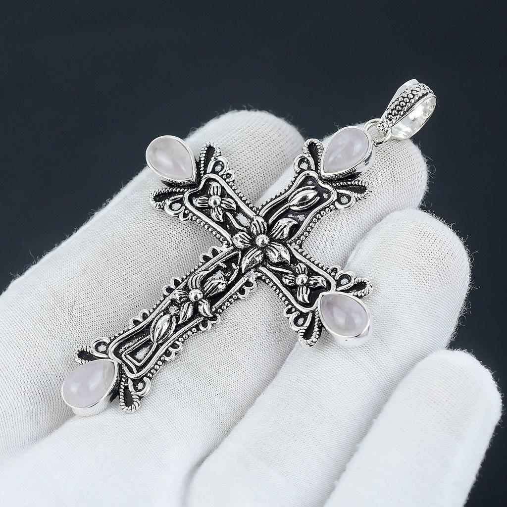 Pandantiv Piatră Prețioasă Cuarț Roz Piatră Prețioasă Cuarț Roz Handmade Argint Sterling 925 Pandantiv Cruce Pentru Cadouri Pandantiv Pentru Ea Pentru Femei Bijuterii
