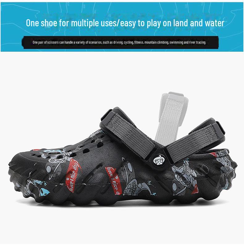 Sandale EVA cu talpă groasă și imprimeu graffiti pentru bărbați: Încălțăminte versatil cu găuri pentru vad și plajă