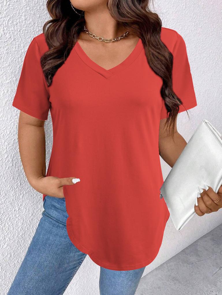 Women's V Neck Short Sleeve Tunic Top Loose Fit Casual Style Polyester Solid Color Curved Hem Long Tee Plus Size Summer Shirt