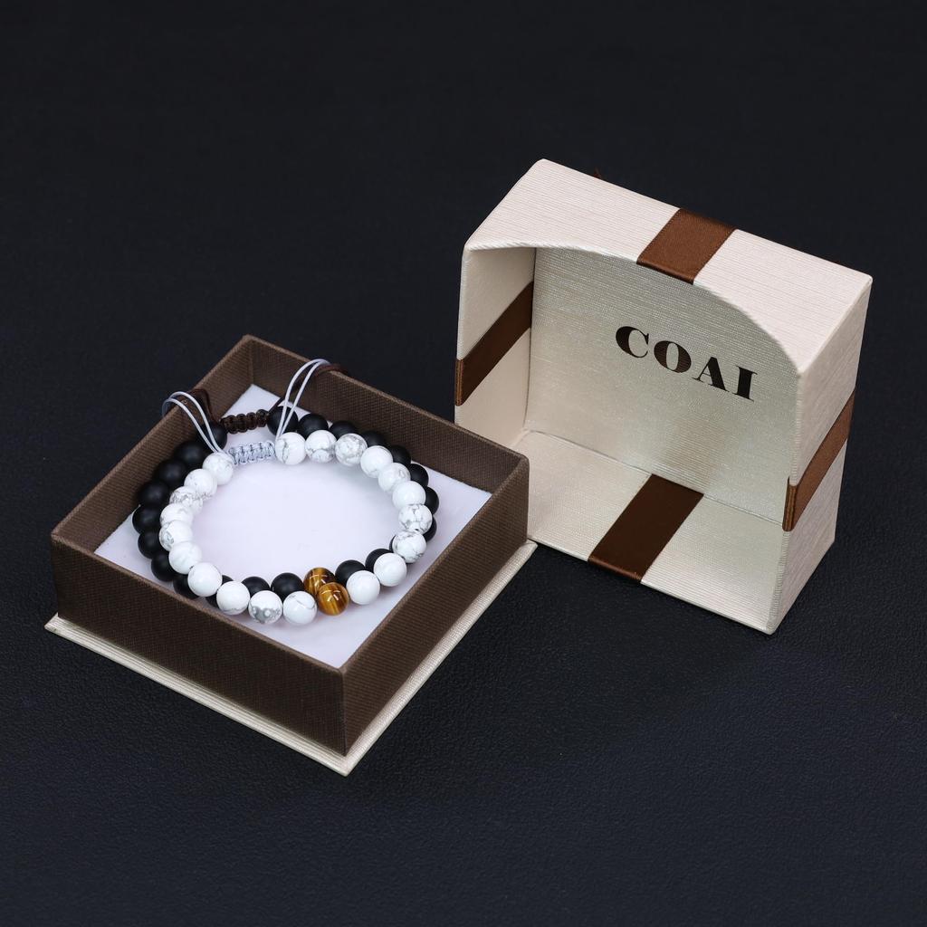 COAI Matte and Tiger Eye Power Stone Bracelets for and Good Set of Adjustable Length Howlite, Onyx, Success, Purification, Protection, Luck, Men's,