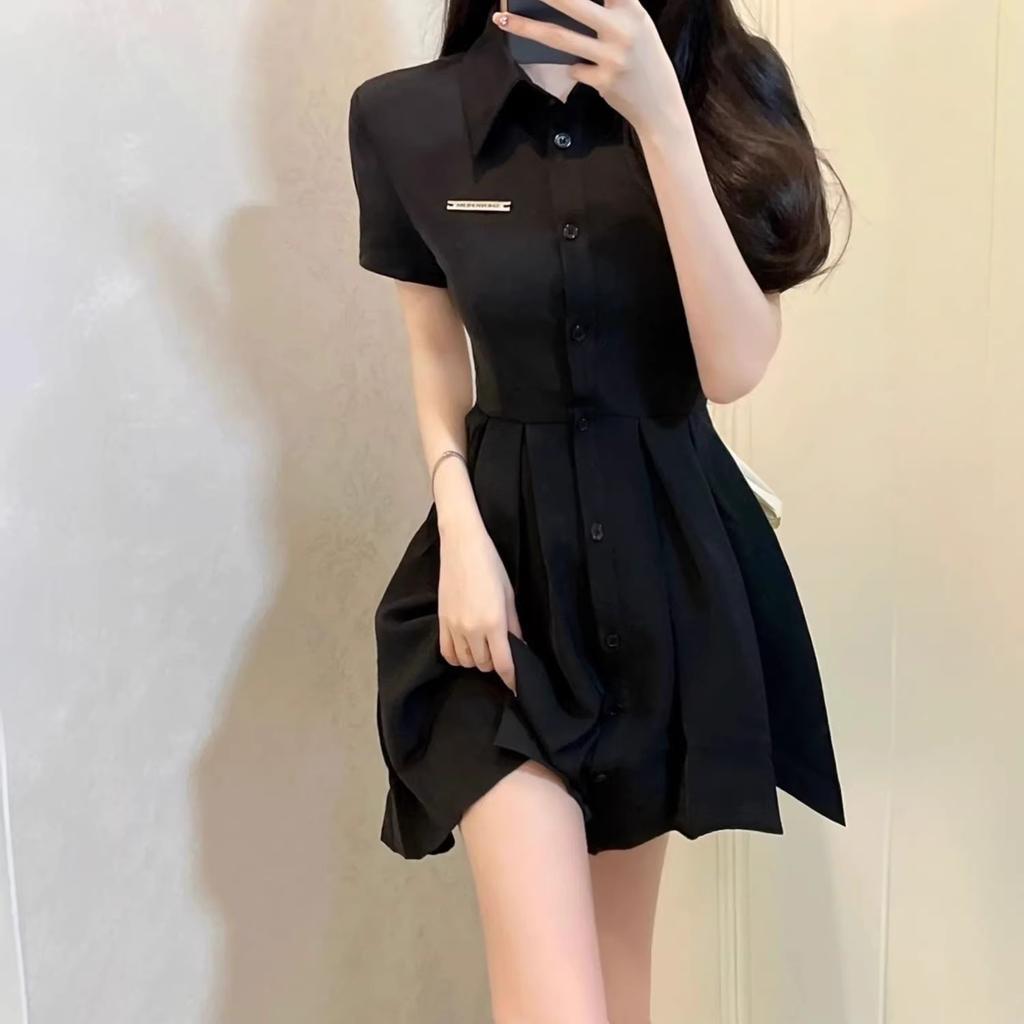 Summer French-style polo collar button dress for women, designer bow shirt dress, waist-cinching pleated short skirt