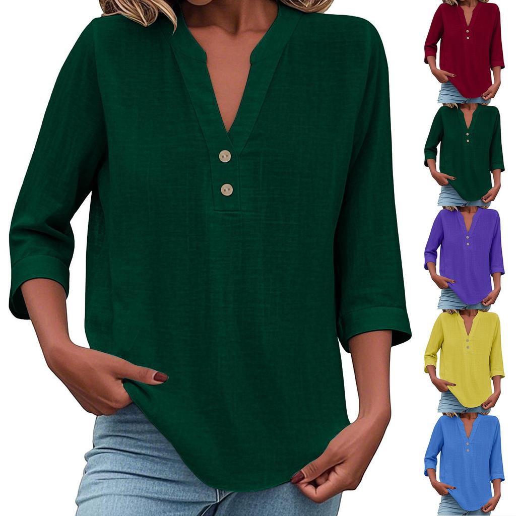 Women's Fashion Solid Color Three-quarter Sleeve Stand Collar Casual Pullover Shirt