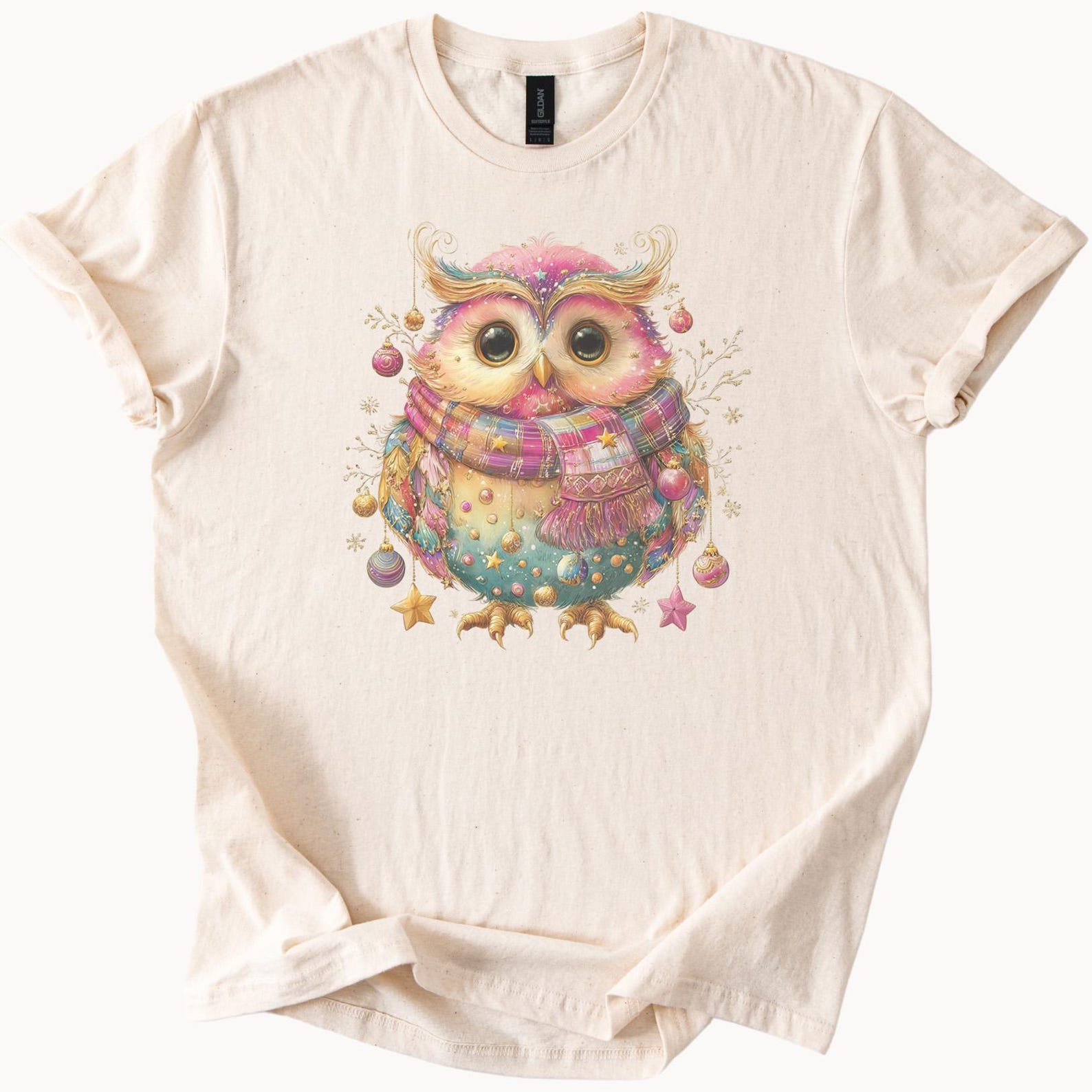 Cute Christmas Owl Shirt Festive Owl Wearing Plaid Scarf Holiday Winter Shirt Owl Graphic Tee Cute Owl Christmas Shirt Pink Blue Green 160