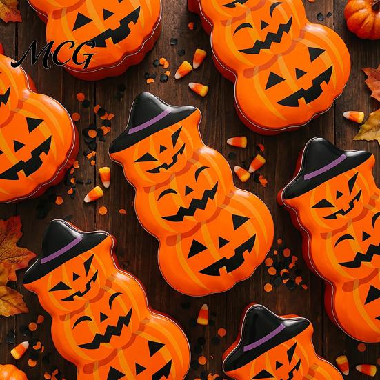 Candy Jar with Secure Lid Halloween Pumpkin Tin Box, Stacked Shaped Metal Treat Container Storage Lid, Orange Tinplate Case for Trick or Party Favors