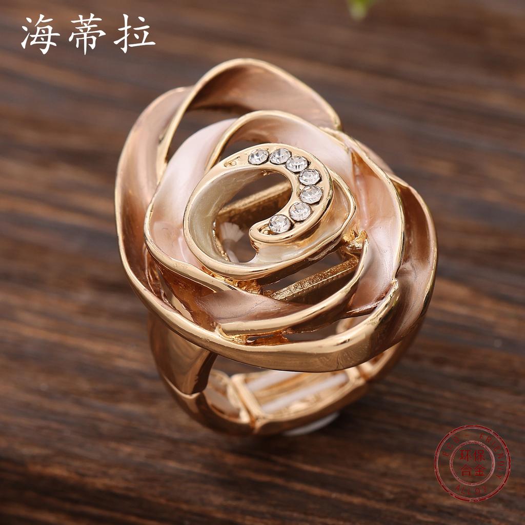 New color painting oil geometric hollow diamond flower elastic ring, high-end women's versatile ring