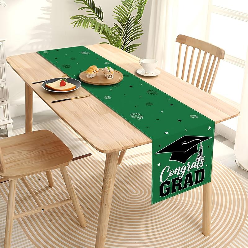 Congrats Grad Graduation Table Runner with Cap Stars Fireworks Pattern