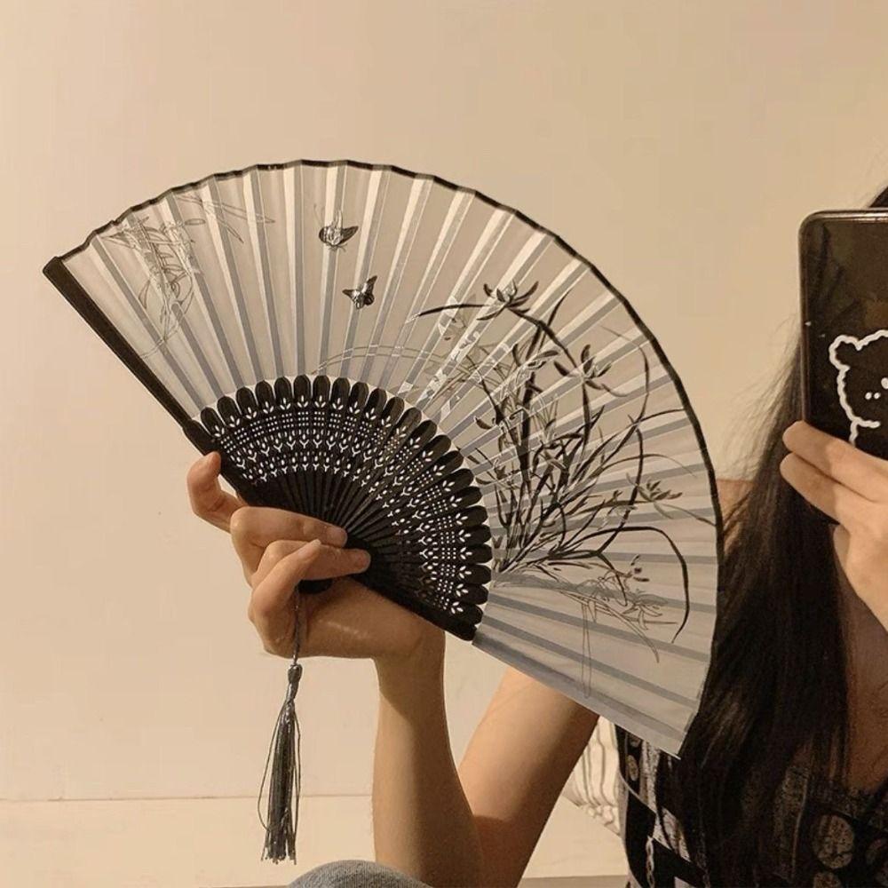 

Bamboo Antique Folding Fan Ink Painting Dance Fan Elegent Hand Held Fan Cymbidium