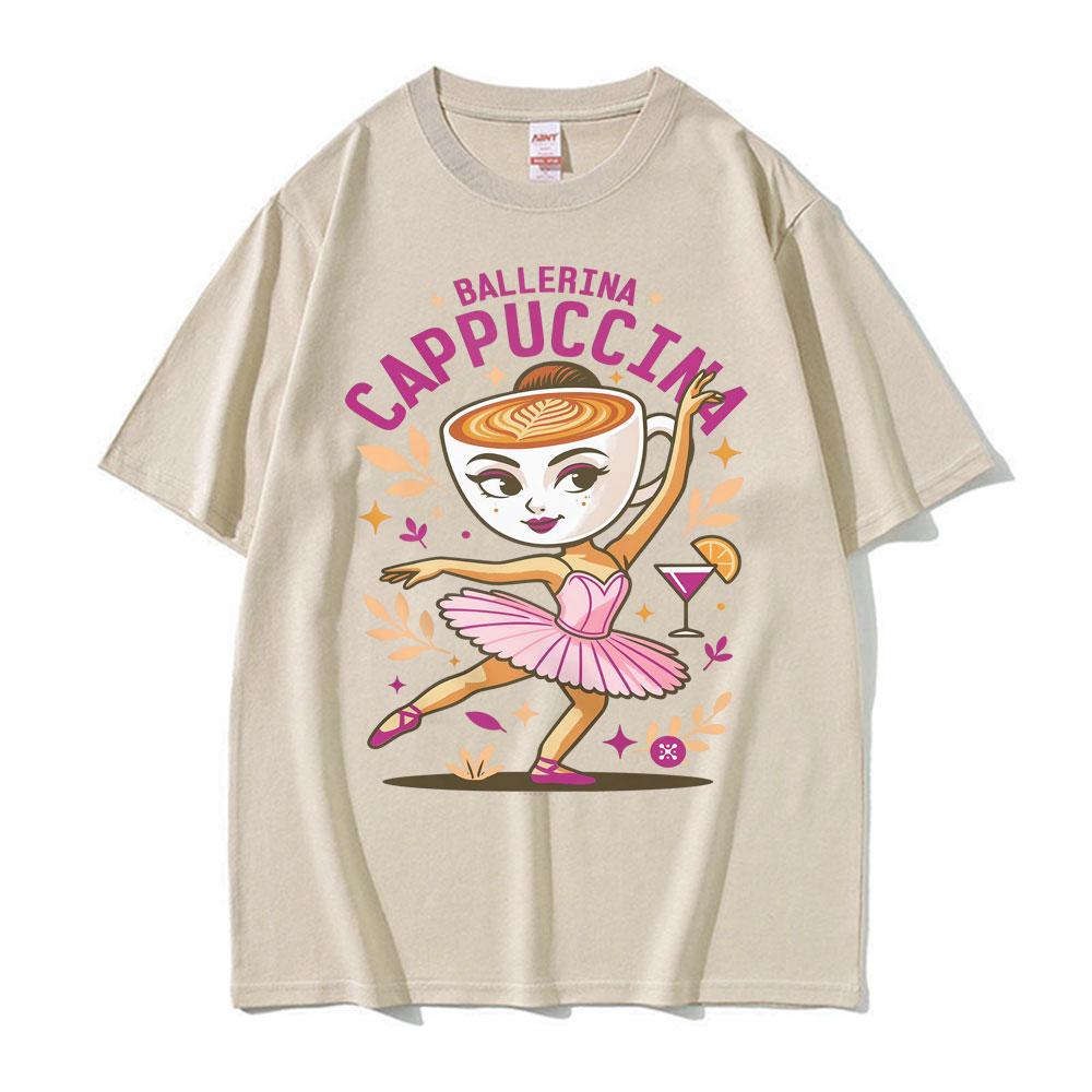 Niedliches Kaffee Ballerina Cappuccina T-Shirt Lustiges Italienisches Brainrot Meme T-Shirts Herren Unisex Übergroßes Mode Rundhals T-Shirt Tops