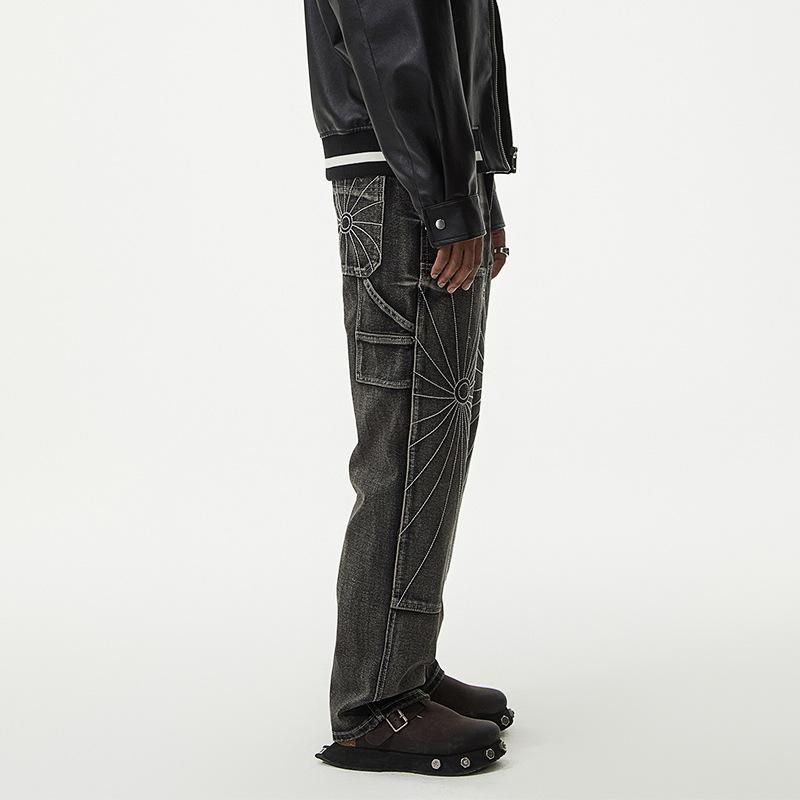 Tooling Denim Black Grey Star Embroidered Spider Web Jeans Men's Straight Loose Casual High Street Trousers