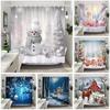 Tenda da Doccia di Natale Pupazzo di Neve Bianco Regalo di Natale Foresta Blu Cervi Rustico Cottage Lavabile Casa Tenda da Bagno Decorazione Bagno