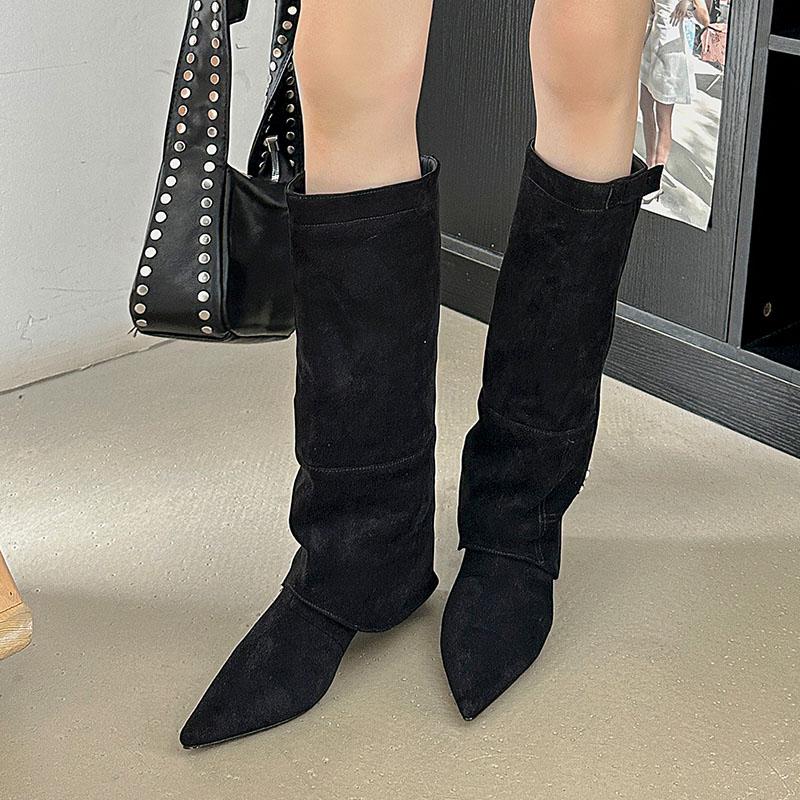 Fashion Pointed Toe Ladies Knee High Modern Boots With Wedges Shoes Fashion Flock Women Long Boots Female Low Heel Shoes Pumps lady
