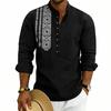 Men Linen Blend Long Sleeve Shirt, Mandarin Collar Ethnic Geometric Print Half Button Henley Shirts Casual Beach Bohemian Tops For Men Multiple Colors