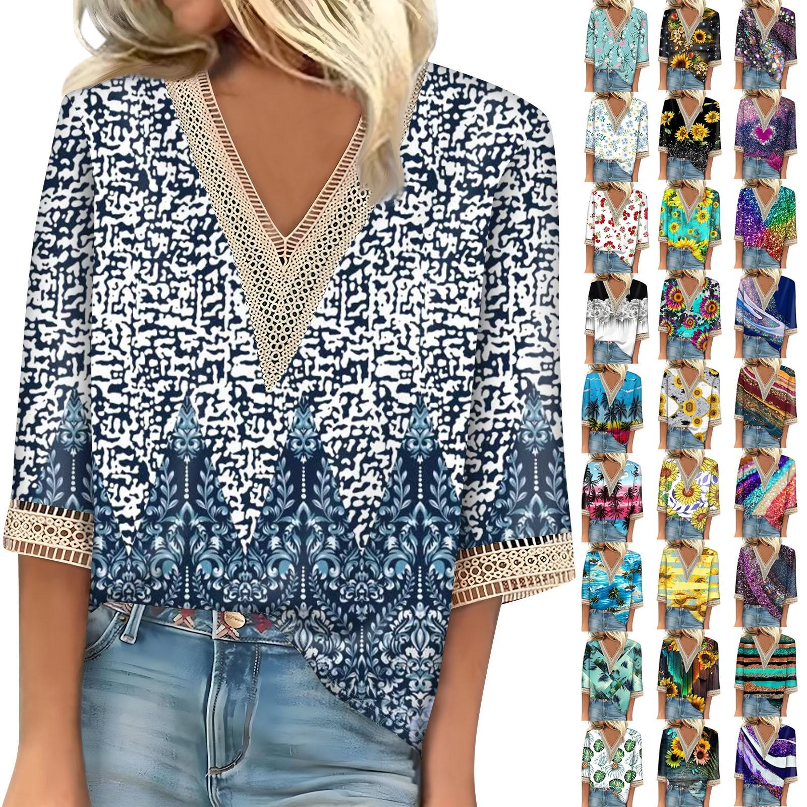 

Женская блузка, повседневная, свободная, с рукавами 3/4, с кружевной отделкой, с принтом, V-образным вырезом, принтом, топы, футболки XXXL