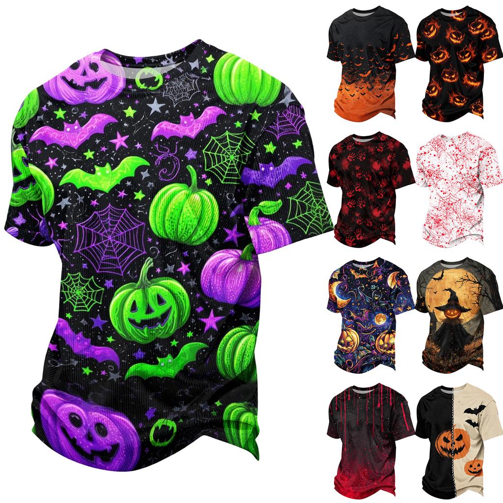 Men's Casual Corduroy Short Sleeve T-Shirt Lightweight Breathable Round Neck Halloween Pumpkin Print Top Comfortable Fit