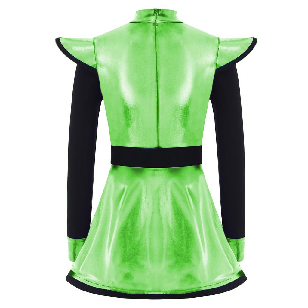 Kids Girls Alien Costume Patchwork Metallic Gloss Mock Neck Long Sleeve Back Zipper Built In Shorts Dress