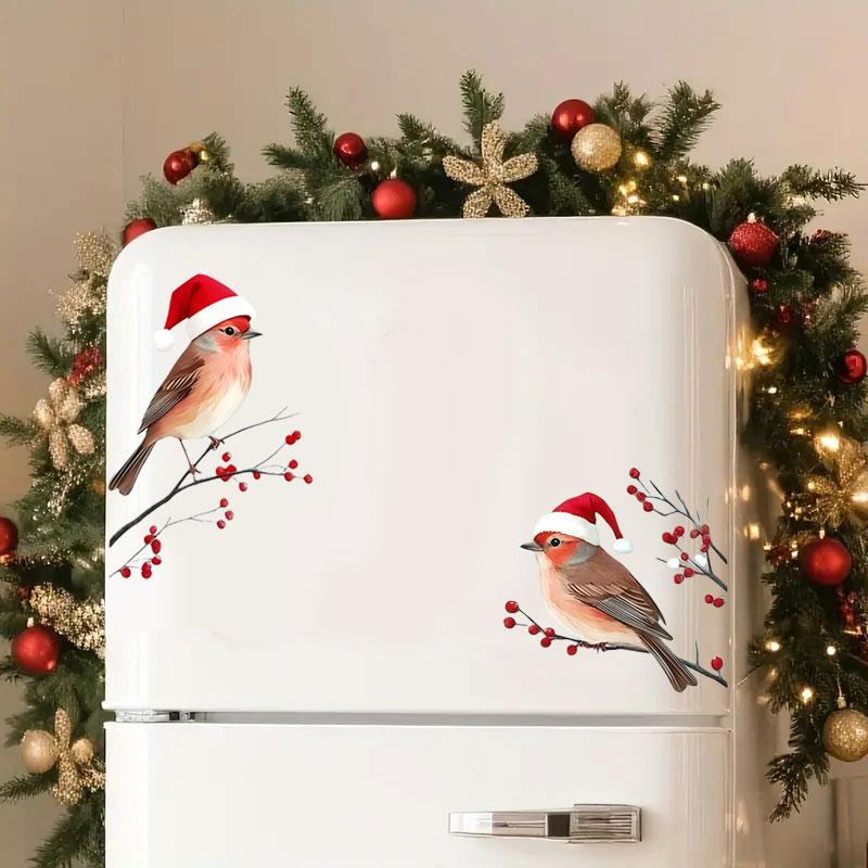 1Set Christmas Four Birds In Santa Hats and Red Berry Branches Window Sticker Self-adhesive Wall Stickers Door Glass Vinyl Decal