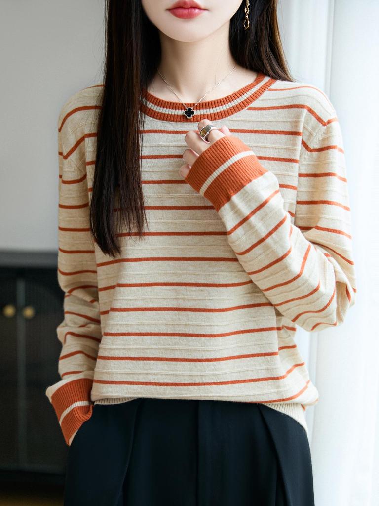 Women's Striped Crew Neck Sweater - Versatile Autumn/Winter Fashion Knitwear