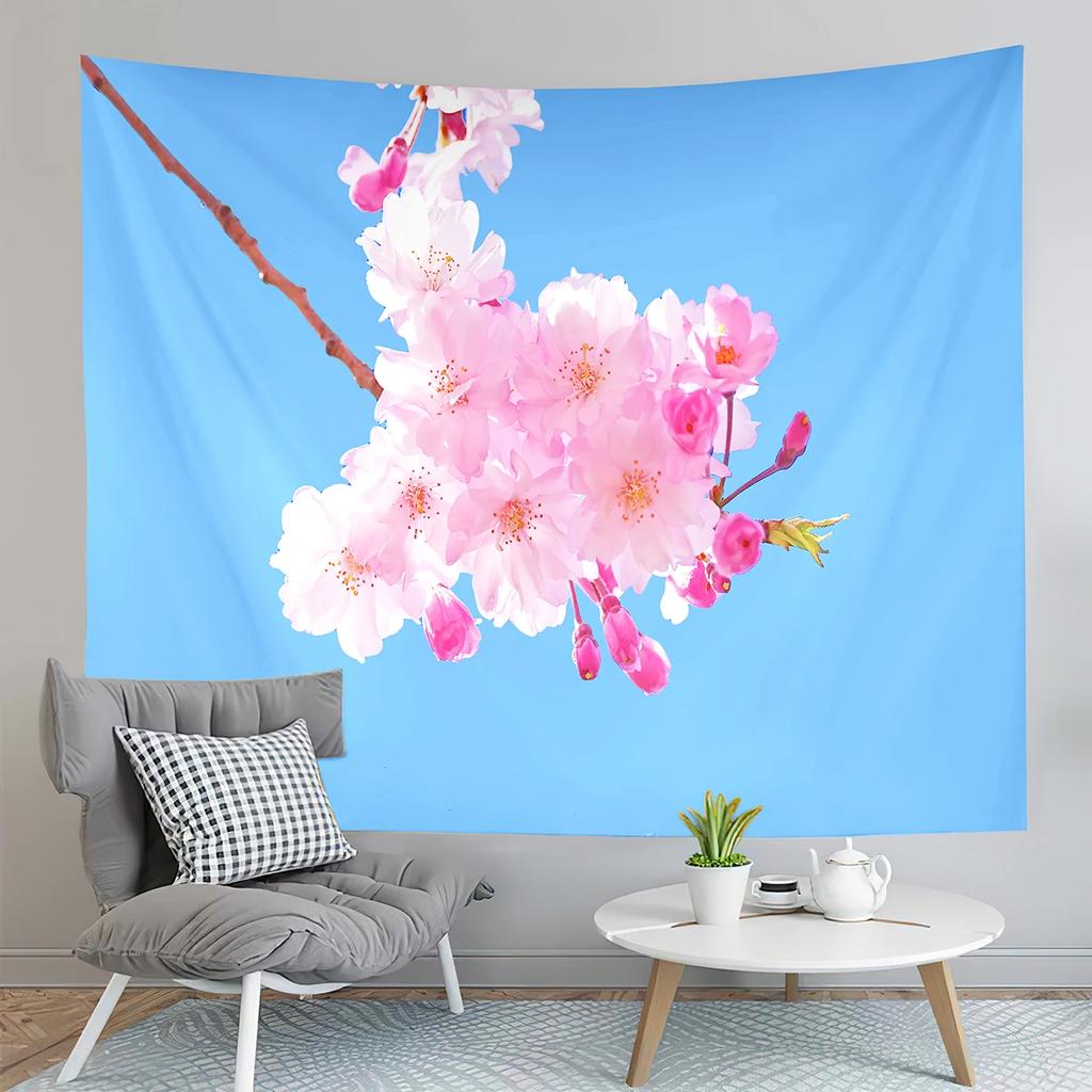 Japan Tokyo Cherry Blossoms Tapestry Blue Sky Pink Flowers Tapestry Art Wall Hanging Home Living Room Bedroom Dorm Tapestries