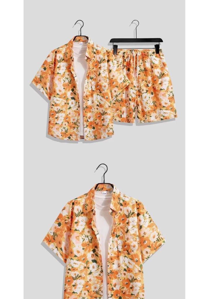 Harajuku Sanya Summer Men's Hawaiian Beach Set: Ice Silk Floral Shirt & Shorts