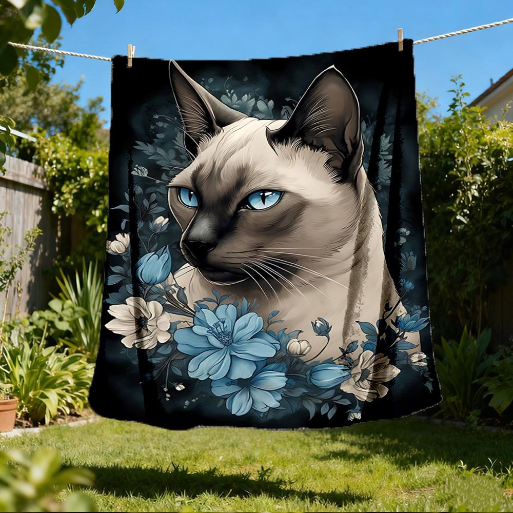 1pc Cat Floral Print Outdoor Soft Polyester Flannel Throw Blanket Versatile for All Seasons , Soft , Cozy , Warm All Season Quilted Throw , 80x120cm