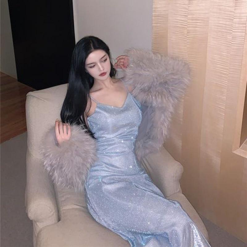 Ретро Блестящее Облегающее Платье на Тонких Бретелях - Облегающее Миди с Акцентом на Талии XL синий