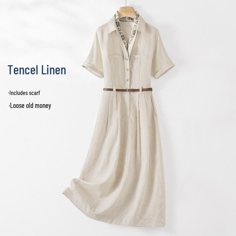 IHIMI Relaxed Old Money Linen Silk Scarf V-Neck Dress M