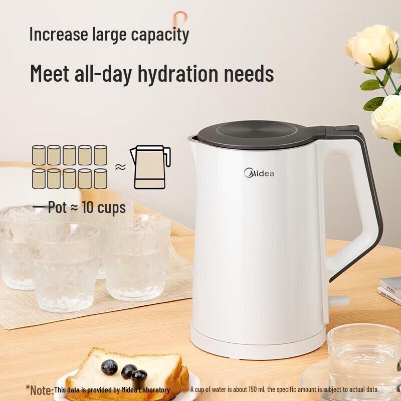 Midea 1.5L Double-Layer Stainless Steel Electric Kettle CN plug (adapter included)