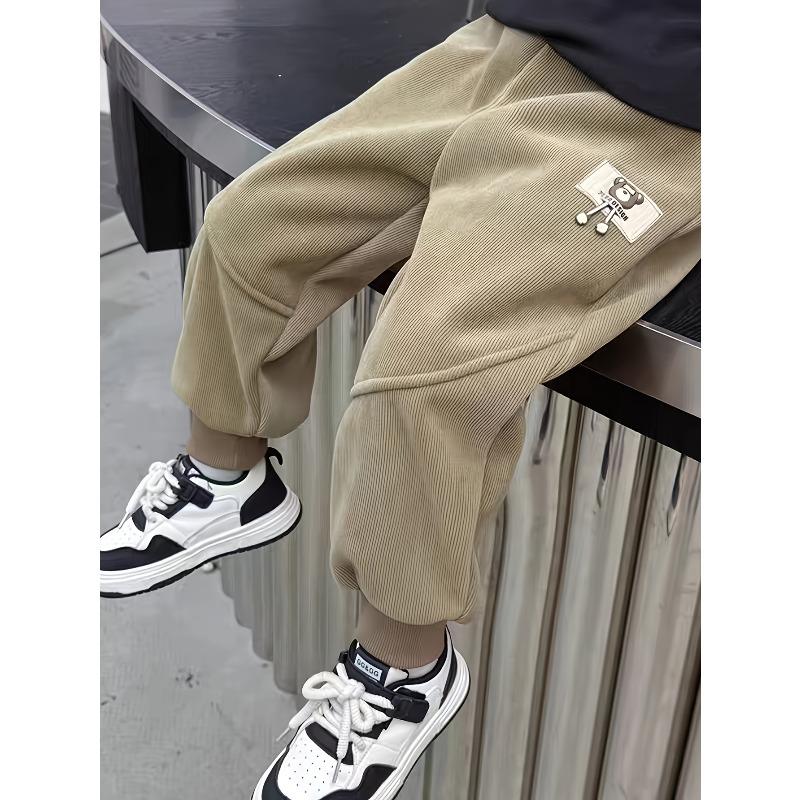 Boys' Winter Long Pants, Corduroy Style for Autumn and Winter, Warm and Fashionable Fleece-Lined Trousers with Cartoon Designs, for Outdoor, Thick