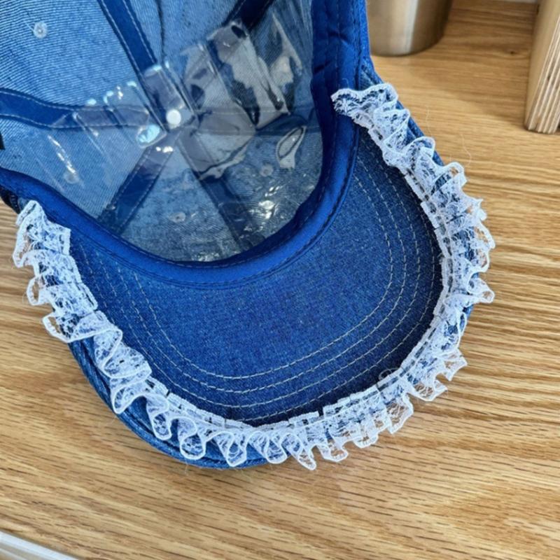 Stylish Women Fabric Baseball Hat with 3D Pearls Bowknot and Lace Trim for Outdoor Sports Activity Breathable Headwear