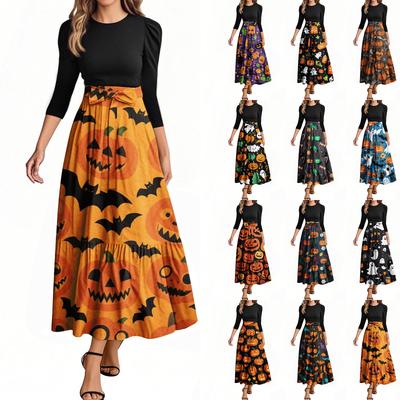 Women's Fashion Casual Belted Three-quarter Sleeve Round Neck Halloween Printed Elegant Temperament Dresses
