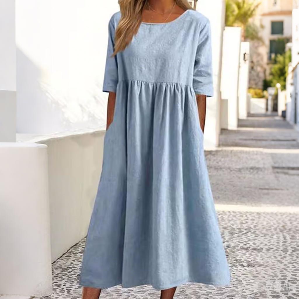 Women's Summer Cotton Linen Dress - Casual Short Sleeve Pleated Pocket Dress, Lightweight & Breathable