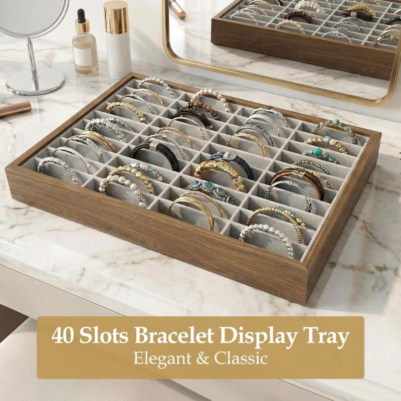 40 Slot Wooden Bracelet Display Tray Elegant Jewelry Organizers Jewelry Showing Stand for Boutique and Home Decorating
