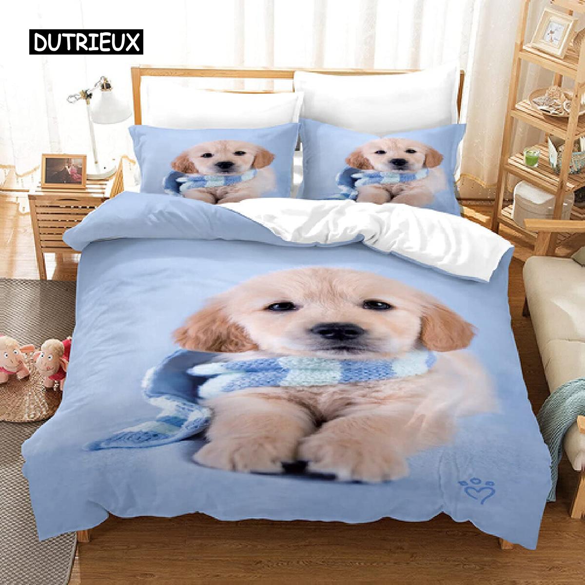 Golden Retriever Dekbedovertrek Set Jongens Huisdier Patroon Dekbedovertrek Eenpersoons Maat Print Beddengoed Set Microfiber Dieren Honden Dekbedovertrek AU Single(140x210cm)