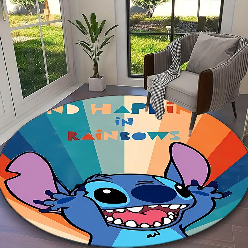 Stitch Blue Pink Drink Floral Carpet, Non-slip Office Chair Rug, Digital Print Home Round Rug, Unique Festival Decorations