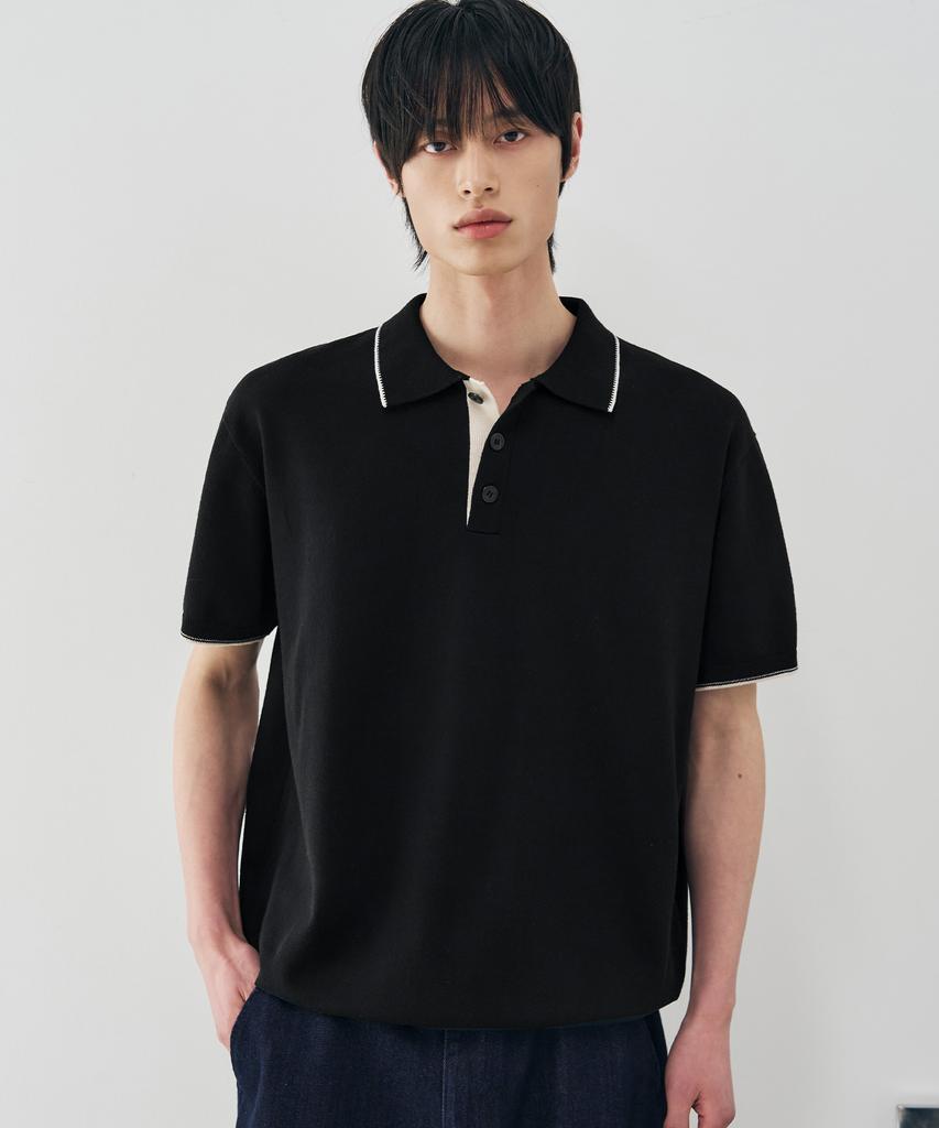 DRAW FIT Contrast Half Collar Knit [Black]