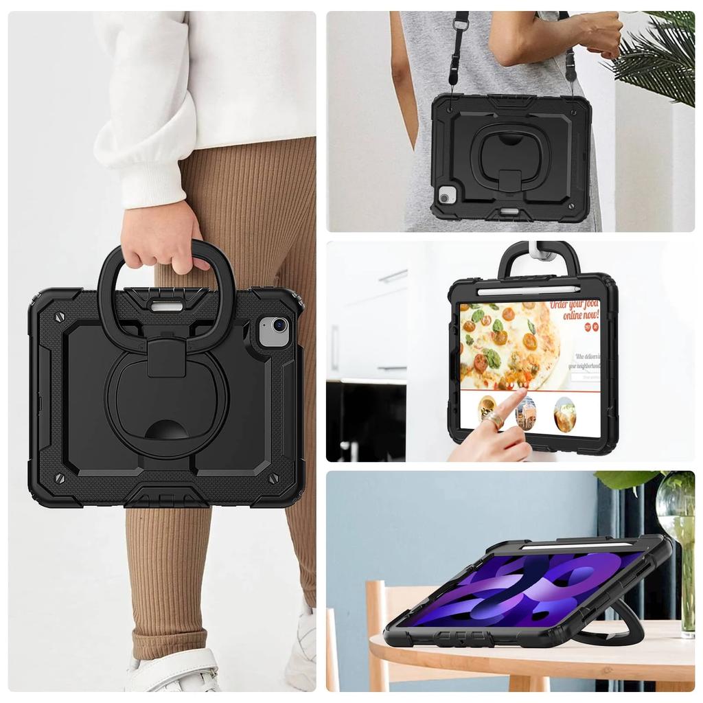 For iPad Pro 11''/Air 4/5,Military Grade Shockproof Protective Silicone Cover 360 Folding Handle Grip + Handle Shoulder Strap